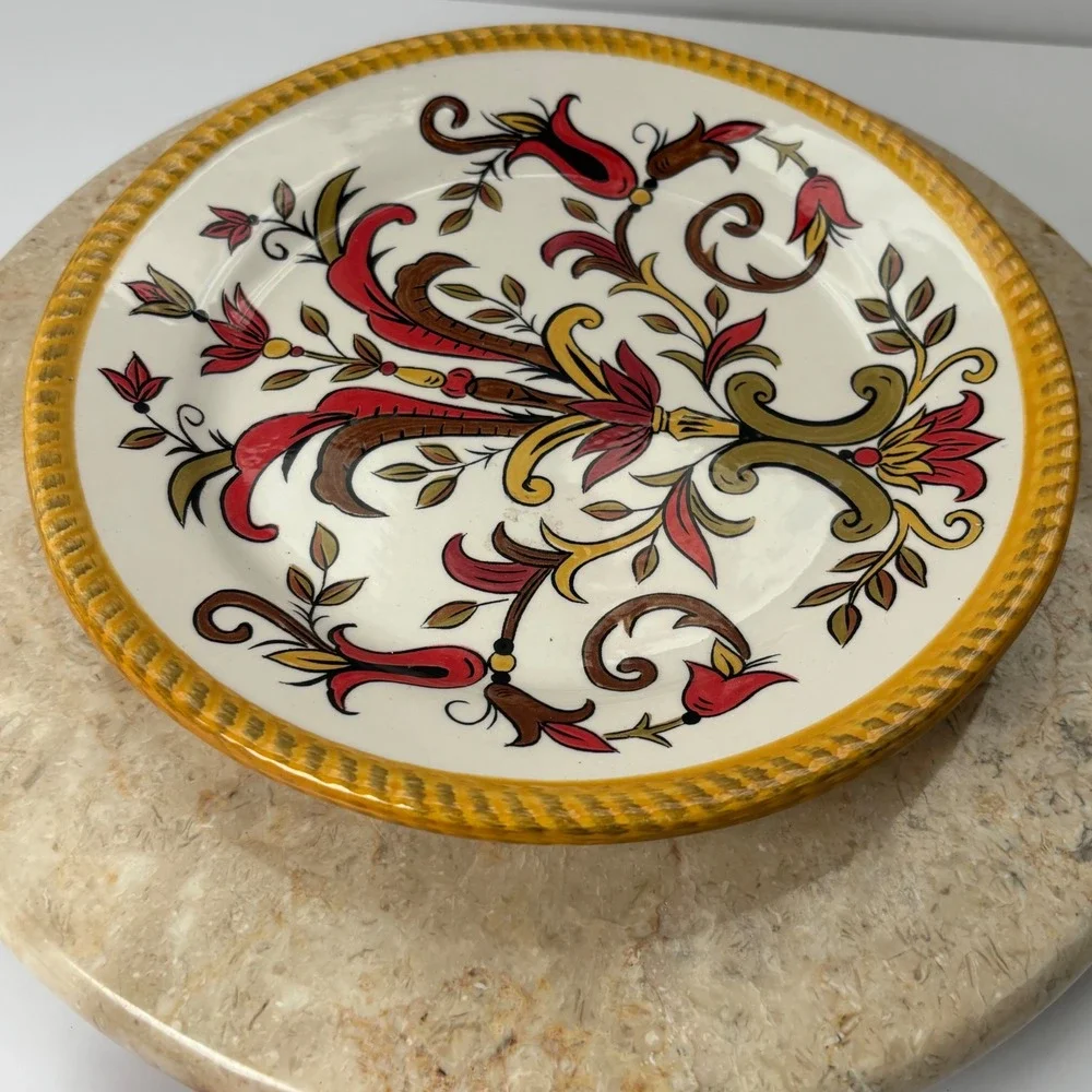 Pier 1 Oralia Earthenware Plate Floral Red Yellow Brown‎ Decorative Dish Salad